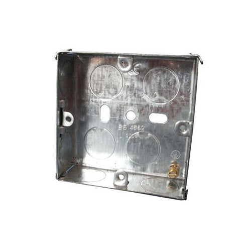 A silver galvanised metal electrical box with multiple knockout holes and brass earth terminals.